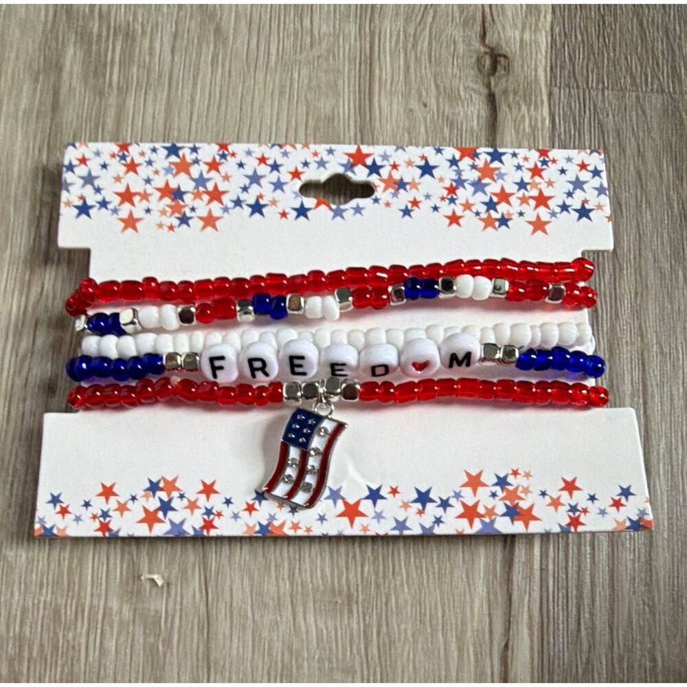 Red White Blue Patriotic Beaded Bracelet Set FREEDOM New A16